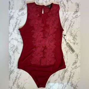 Haute Monde Floral Aplique Mesh Sleeve Less Body Suit Leotard Size XL